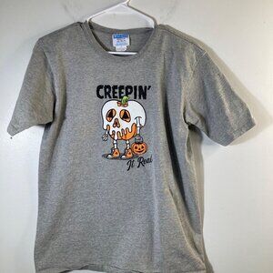 Womens Champion Halloween Tee Creepin It Real Pumpkin Ghost Gray M‎